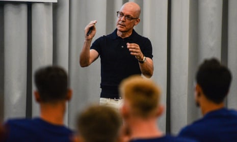 David Brailsford, pictured here giving the players of Newcastle United’s a pre-season pep-talk, is in attendance at Old Trafford tonight on a reconaissance mission for his boss Jim Ratcliffe.