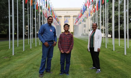 Dujuan Hoosan, his father James Mawon and grandmother Margaret Anderson at the UN building in Geneva.