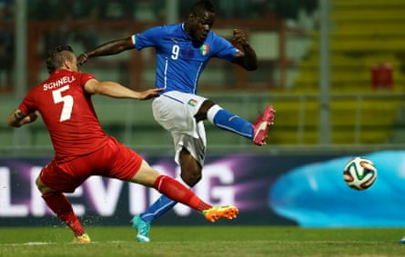 Mario Balotelli shoots during a friendy between Italy and Luxembourg.