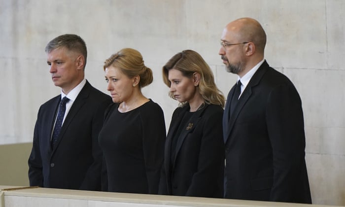 Ukrainian Ambassador to the UK Vadym Prystaiko, (left) and First Lady of Ukraine Olena Zelenska, second right and Denys Shmyhal visited the Queen’s lying-in-state at Westminster Hall on Sunday.