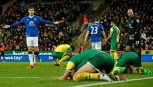 Everton’s John Stones looks angry, and several Norwich players look dejected, as the teams drew 1-1 at Carrow Road. Everton have drawn their last three games, while Norwich ended the weekend in the relegation zone.