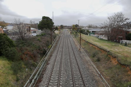 An aerial view of railroad tracks