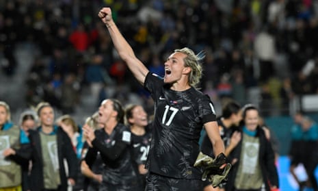 New Zealand's Hannah Wilkinson celebrates her team’s historic win against Norway in the tournament opener in Auckland.