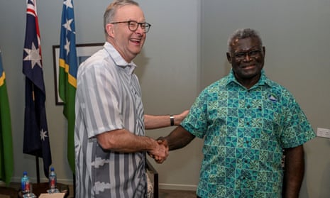 Anthony Albanese meets with Solomon Islands PM Manasseh Sogavare on sidelines of the Pacific Islands Forum in Suva on 13 July.