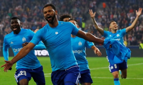 Jorge Rolando celebrates scoring in extra-time against Red Bull Salzburg to send Marseille through to the Europa League final in Lyon, where they will meet Atlético Madrid.
