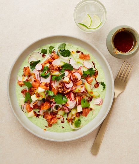 Yotam Ottolenghi's salmon crudo with coriander and coconut dressing.