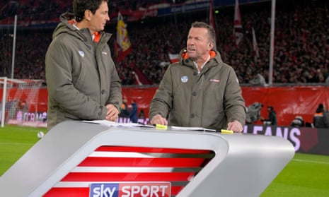 Presenter Sebastian Hellmann and pundit Lothar Matthaus on Sky Sport