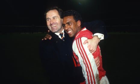 George Graham and David Rocastle enjoy the moment as Arsenal beat Spurs at White Hart Lane in the League Cup on 4 March 1987.
