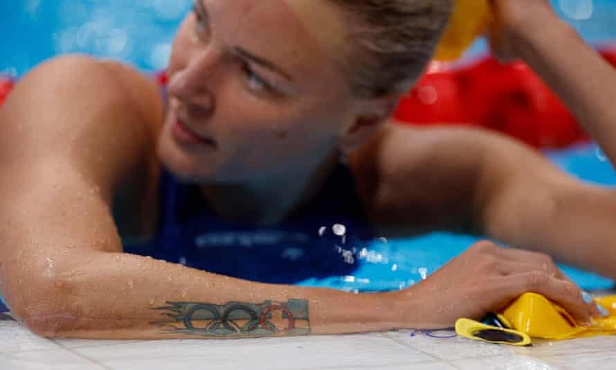 Sweden’s Sarah Sjoestroem and her tattoo after the women’s 100m butterfly semi-final.