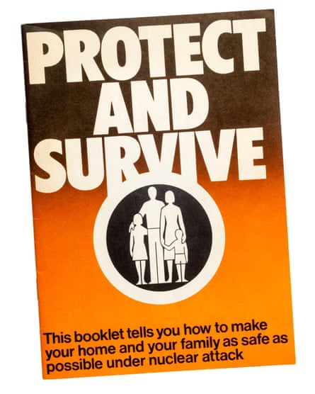 Cover of “Protect and Survive” booklet with family silhouette icon on orange and black background