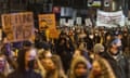 Demonstrators protest near Lori Lightfoot’s home in Chicago on 16 April. 