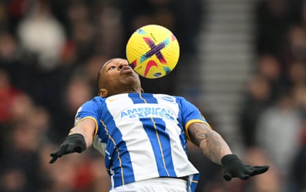 Brighton’s Ecuadorian defender Pervis Estupiñán controls the ball on his chest during their match against Liverpool at the Amex Stadium, which they won 3-0