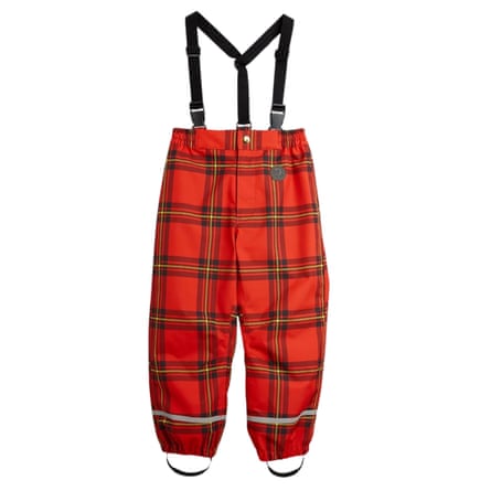Red tartan waterproof trousers with black suspenders and reflective ankle strips
