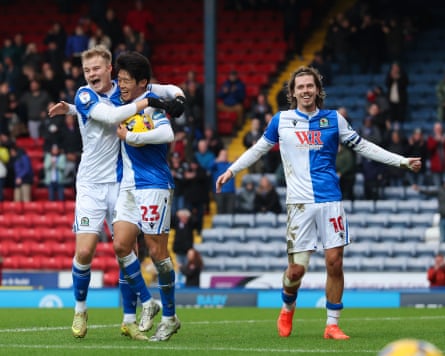 Blackburn’s Yuki Ohashi celebrates scoring his side’s second goal with Andri Gudjohnsen and Todd Cantwell