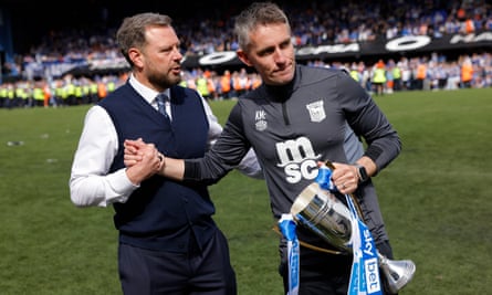 Ipswich chief executive Mark Ashton and manager Kieran McKenna with the Championship runners-up trophy.