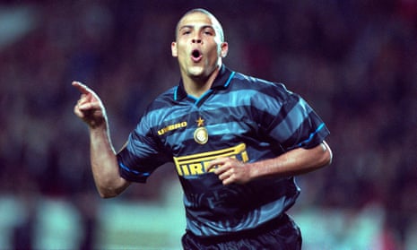 Ronaldo celebrates after scoring Internazionale’s final goal in their 3-0 win over Lazio in the 1998 Uefa Cup final.