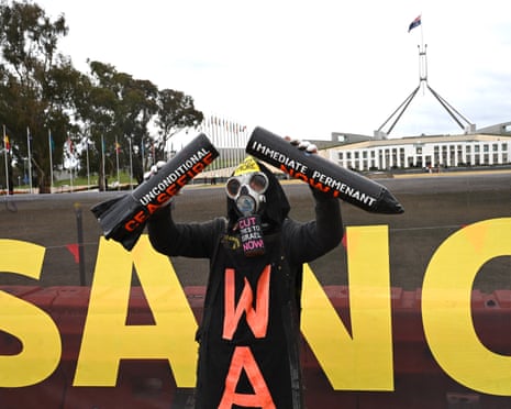 A protester wears a gas mask as he participates in a rally calling for sanctions against Israel outside Parliament House in Canberra.