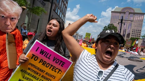 'We want freedom': hundreds demonstrate against Trump outside RNC – video