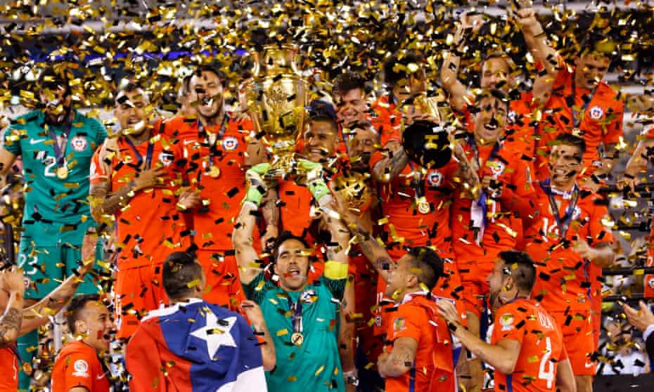 Chile’s team celebrates after defeating Argentina at the Copa America tournament on 27 June 2016.
