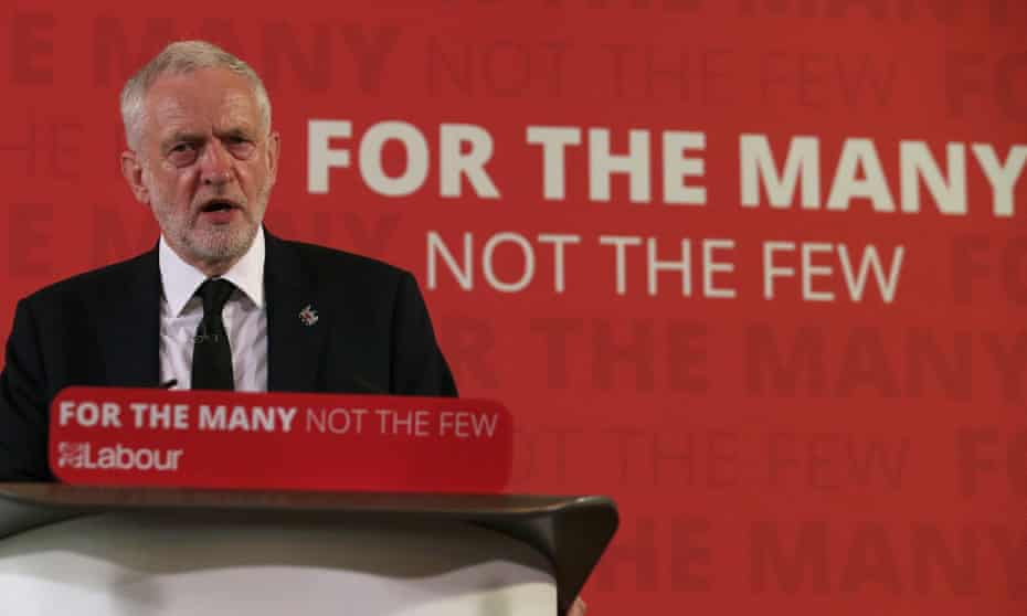 Jeremy Corbyn wearing a “Manchester” lapel pin as he makes campaign speech in London on Friday.