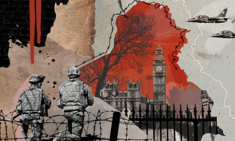 Illustration, of Westminster in Iraq-sized shell hole, by Eleanor Shakespeare