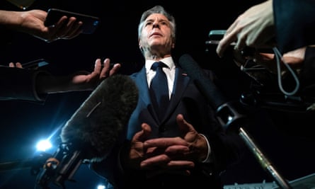 The US secretary of state, Antony Blinken, speaks to the media at Al Maktoum international airport in Dubai last week.