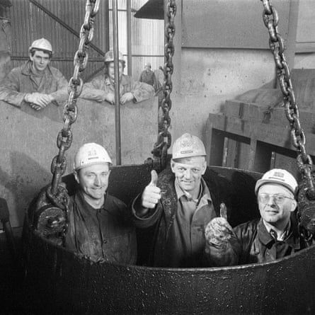 Workers at the Yorkshire’s Boulby potash mine celebrate a shaft-sinking record in 1971.