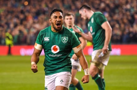 Bundee Aki celebrates a famous win for Ireland against the world champions.