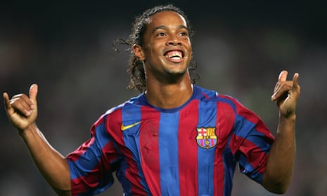 FC Barcelona's Brazilian Ronaldinho cele<br>Barcelona, SPAIN:  FC Barcelona's Brazilian Ronaldinho celebrates the second goal against Real Sociedad during their Spanish League football match at the Camp Nou stadium in Barcelona, 30 October 2005. AFP PHOTO/LLUIS GENE  (Photo credit should read LLUIS GENE/AFP/Getty Images)