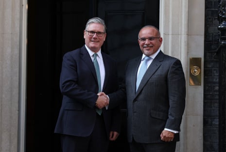 British Prime Minister Keir Starmer (L) welcomes Crown Prince of Bahrain, Salman bin Hamad Al Khlaifa (R) to 10 Downing Street in London, Britain, 19 June 2025.
