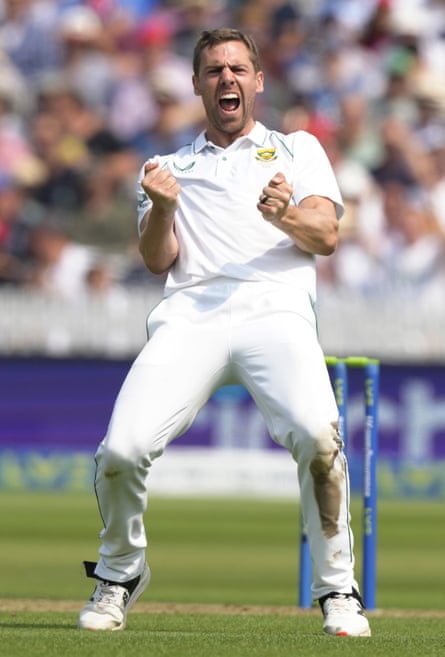 South Africa’s Anrich Nortje celebrates taking the wicket of England’s Jonathan Bairstow at Lord’s on the rain shortened first day of the first Test.