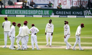 West Indies players appear dejected after an unsuccessful review for LBW against England’s Dom Sibley.