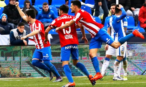 Sporting celebrate after Roberto Canella opened the scoring at Leganés.