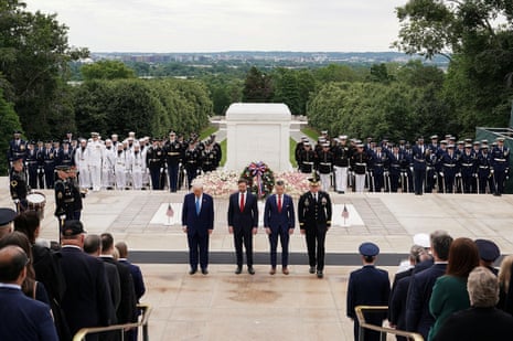 Donald Trump, Vice President JD Vance and Defense Secretary Pete Hegseth stand by the Tomb of the Unknown Soldier, during ceremonies in commemoration of the Memorial Day holiday, at Arlington National Cemetery in Arlington, Virginia.