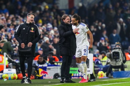 Daniel Farke congratulates Dominic Calvert-Lewin after his two goals helped Leeds beat Crystal Palace 4-1.