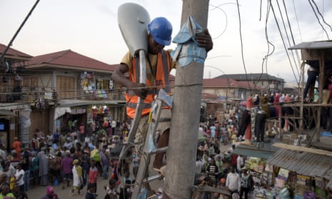 A street lamp is erected in the market area of Oshodi district, Lagos