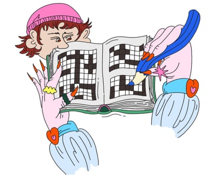 An illustration showing a pair of hands doing a crossword while a man in a pink hat peers over at the page.