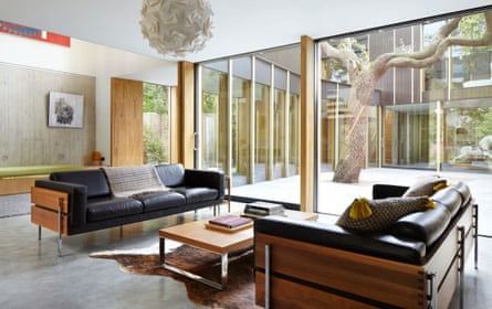 The modernist interior of a living space, surrounded by large windows which look out on to an old pear tree in a courtyard.