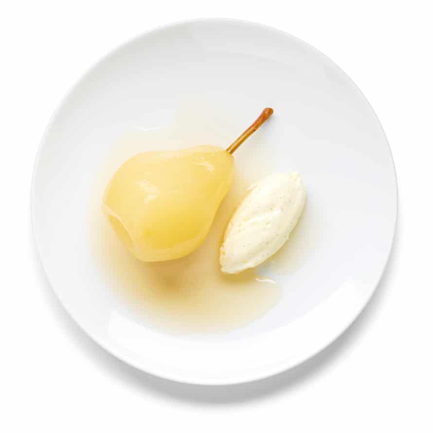 Lemon-vanilla mascarpone serve in quenelles with the pears.