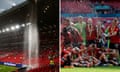 Rain water pours from the roof inside Old Trafford creating a waterfall (left) as Rachel Williams of United sprays champagne over her teammates after winning the FA Cup.