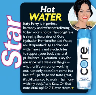 Katy Perry is one of Core water’s many celebrity “brand investors”, who push the product on social media.
