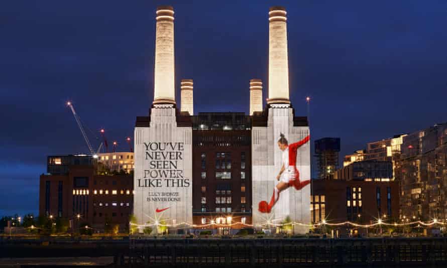 Lucy Bronze projected onto the Battersea power station
