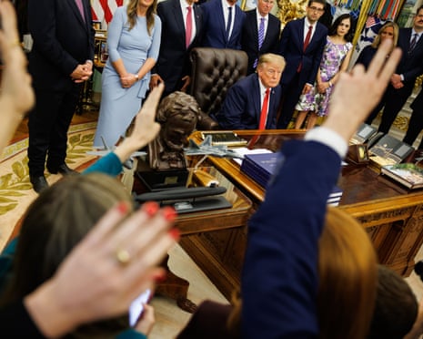Donald Trump and reporters earlier this month