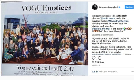 Naomi Campbell said she was looking forward to having a more inclusive and diverse staff of British Vogue under its new editor, Edward Enninful.