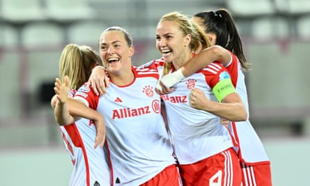 Magdalena Eriksson (second left) celebrates a Bayern Munich goal against PSG in November, before suffering the metatarsal injury.