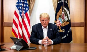 Donald Trump poses in his conference room at at Walter Reed Military Medical Center in an image released on Sunday night. Mary Trump said the family sees illness as ‘weakness’.