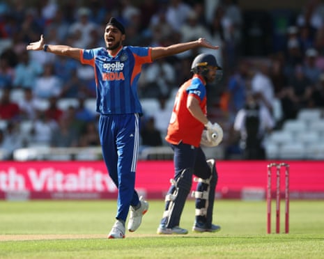 India's Arshdeep Singh unsuccessfully appeals for LBW against England's Phil Salt.