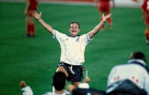 Paul Gascoigne runs to the bench to celebrate after his assist for England’s winner against Belgium.