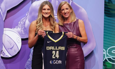 Jacy Sheldon poses with the WNBA commissioner Cathy Engelbert after she is selected with the No 5 overall pick to the Dallas Wings