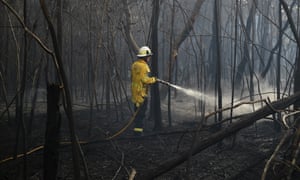 A firefighter drenches smouldering ground in south Turramurra, near Sydney.